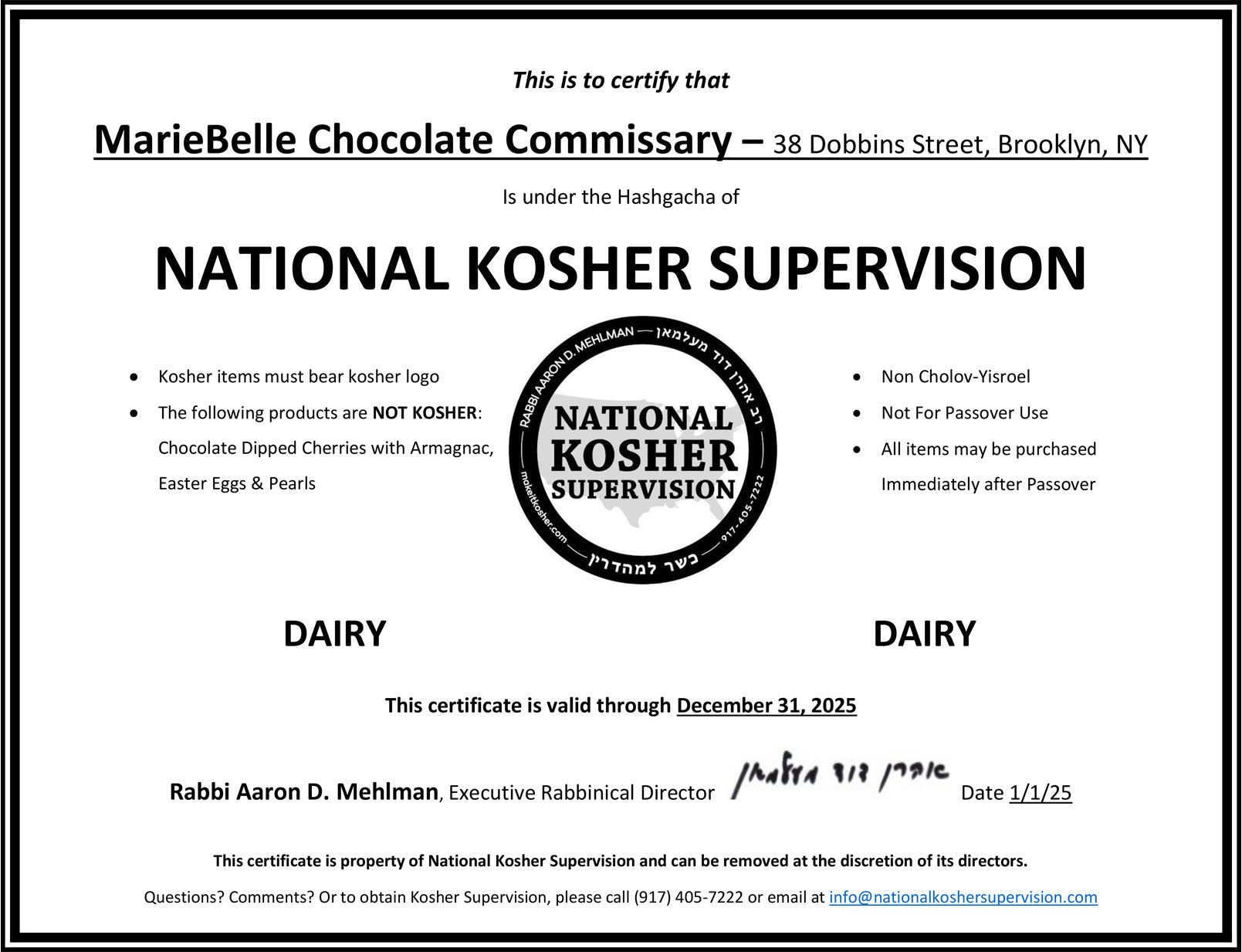 2025 Kosher Certificate for MarieBelle at Dobbins