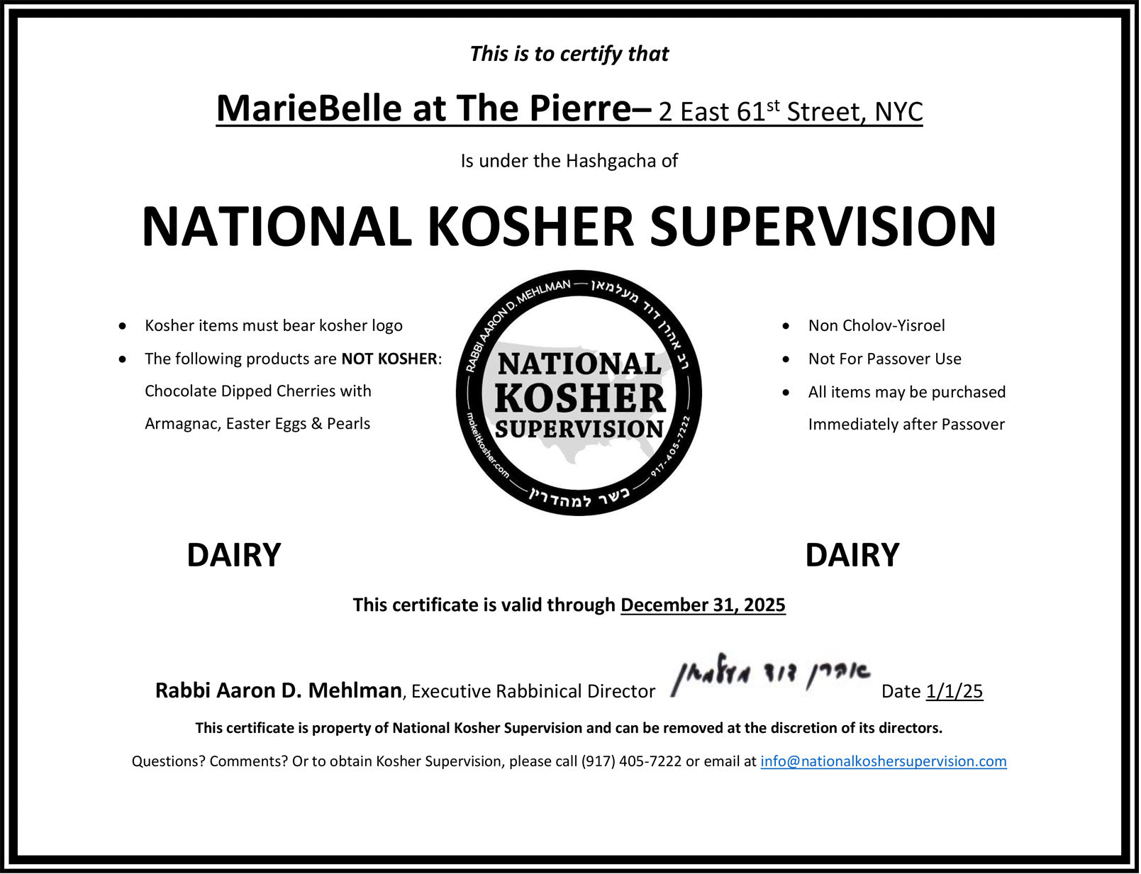 2025 Kosher Certificate for MarieBelle at The Pierre