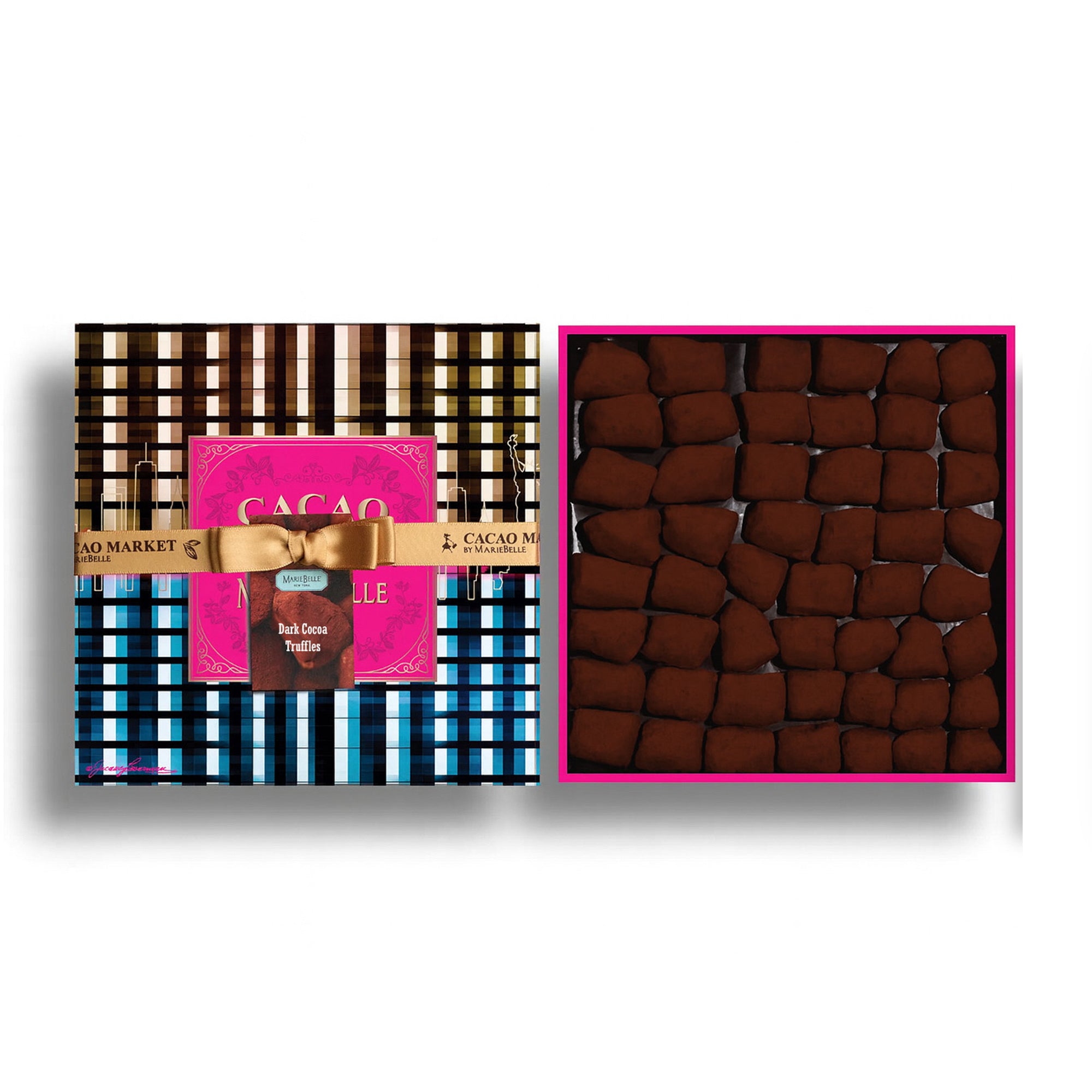 Box of Cacao Market truffles with a colorful label on a white background