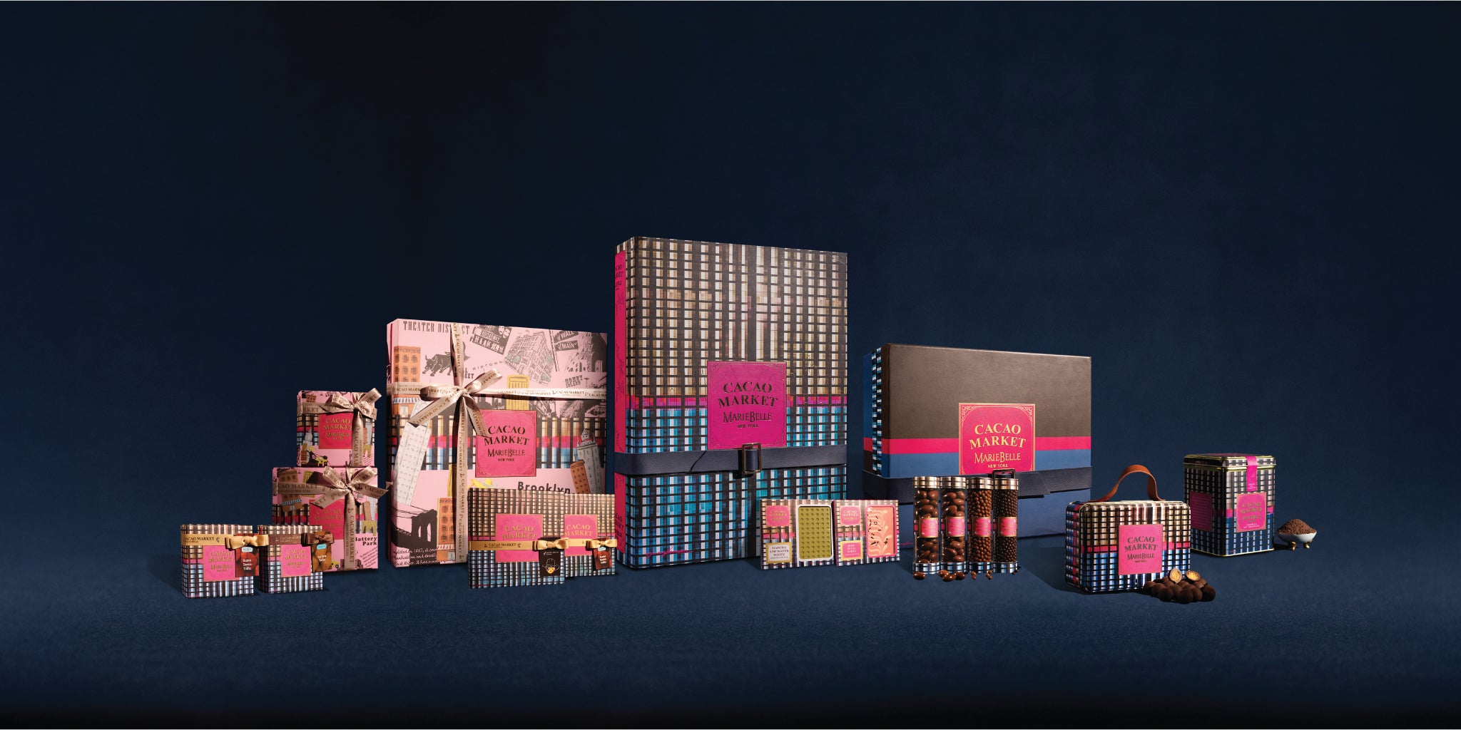 Collection of decorative boxes and packaging on a dark background