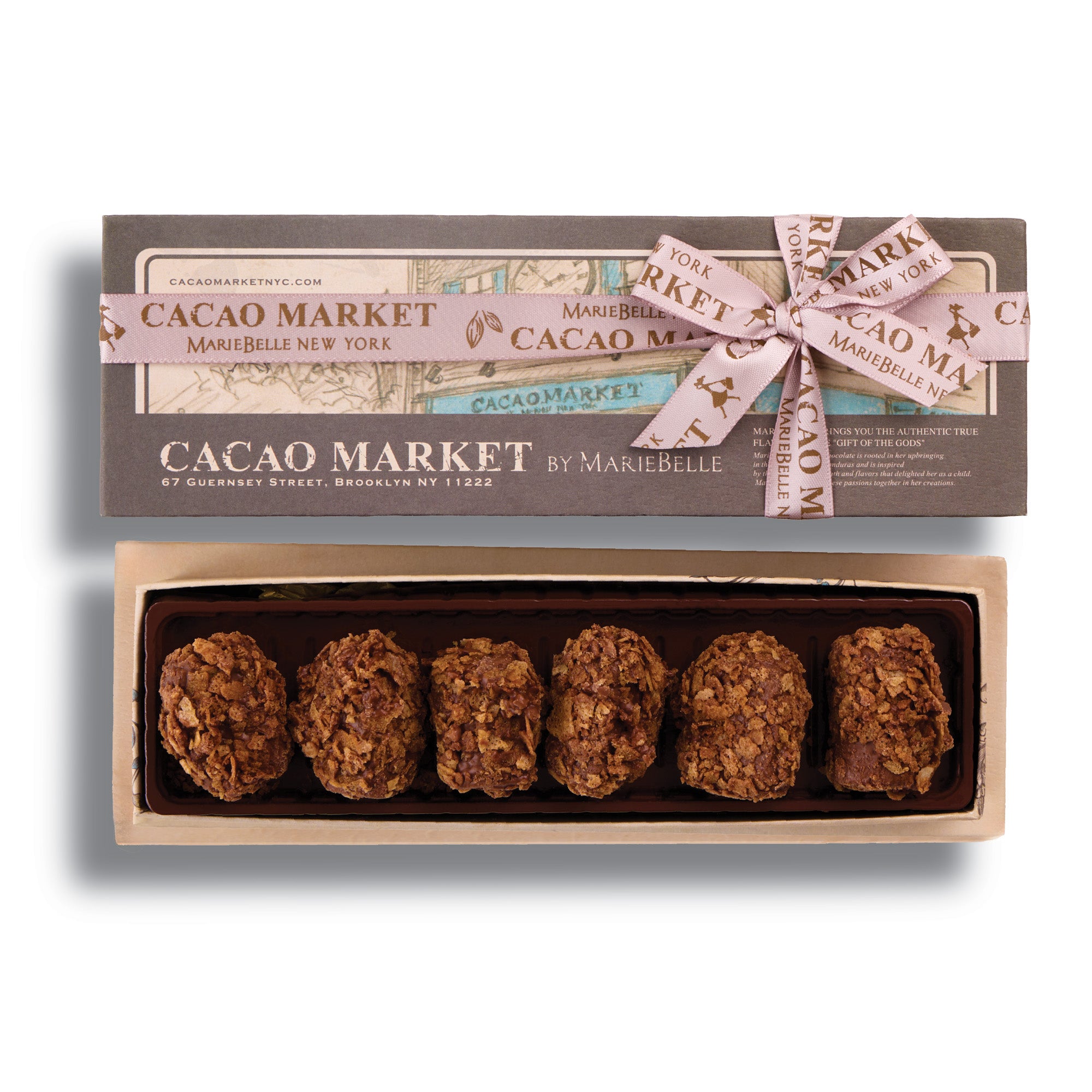 6pc Box of Cacao Market truffles with a decorative ribbon on a white background