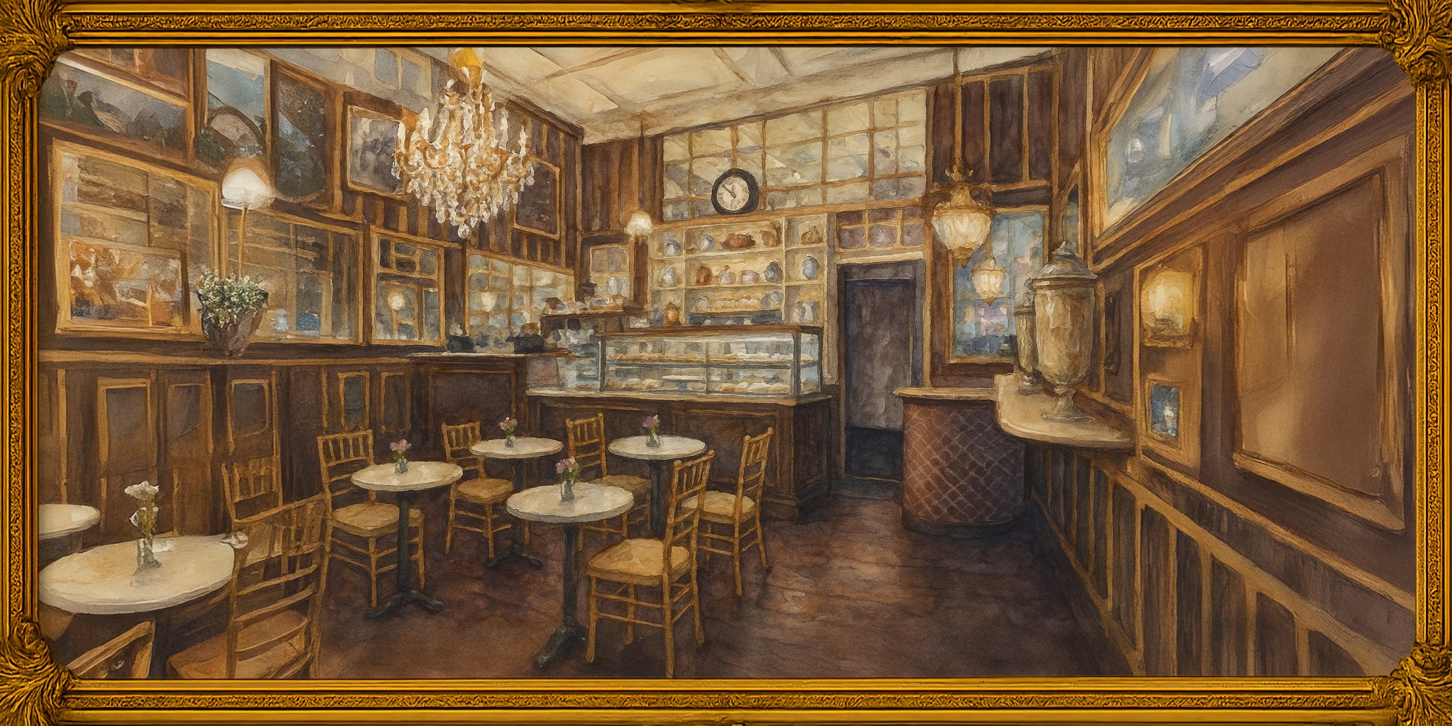 Decorative painting of Cacao Market, an old-fashioned bar with wooden furniture and framed pictures.