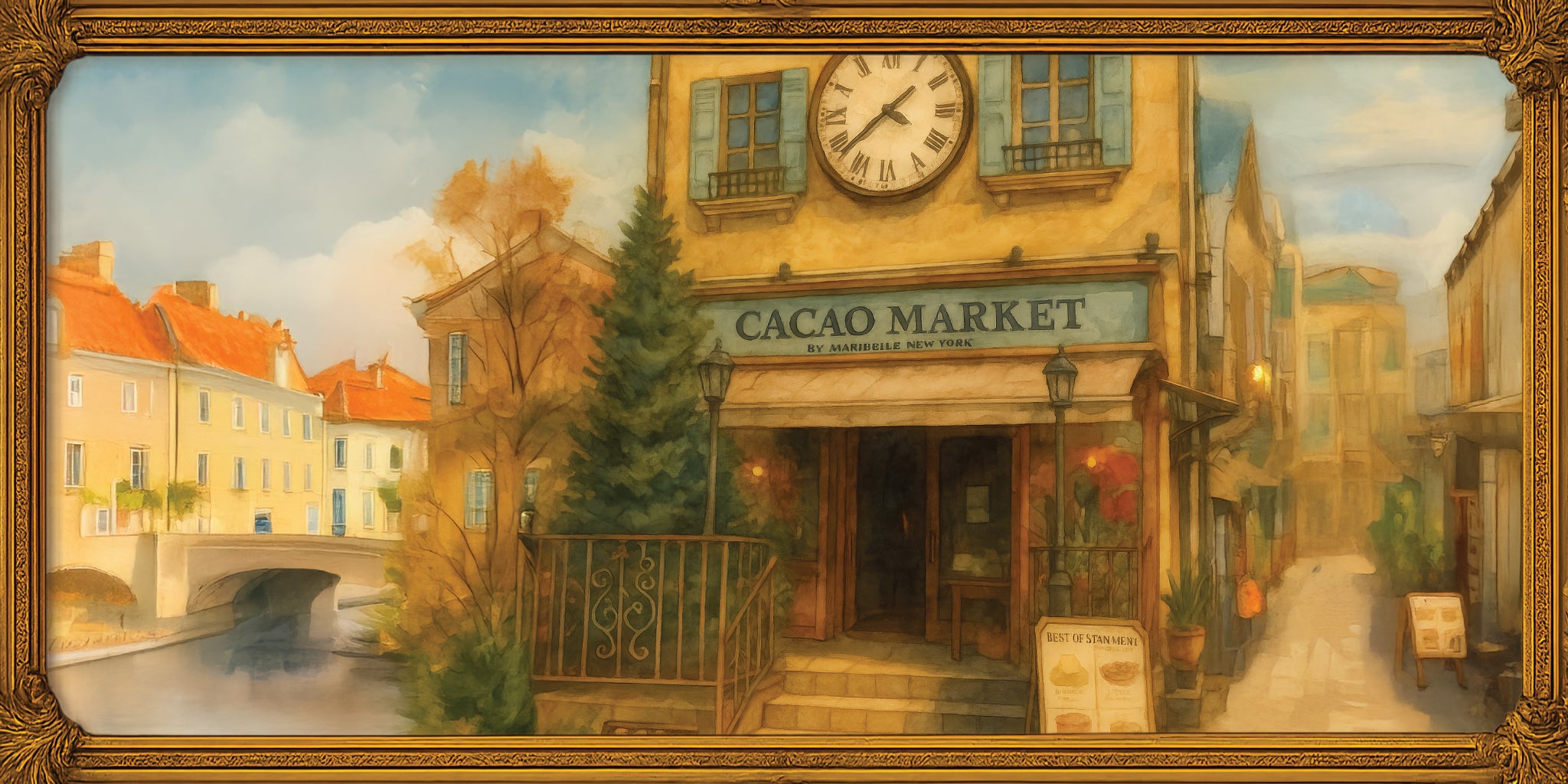 Painting of a street scene with a clock tower and 'Cacao Market' sign.