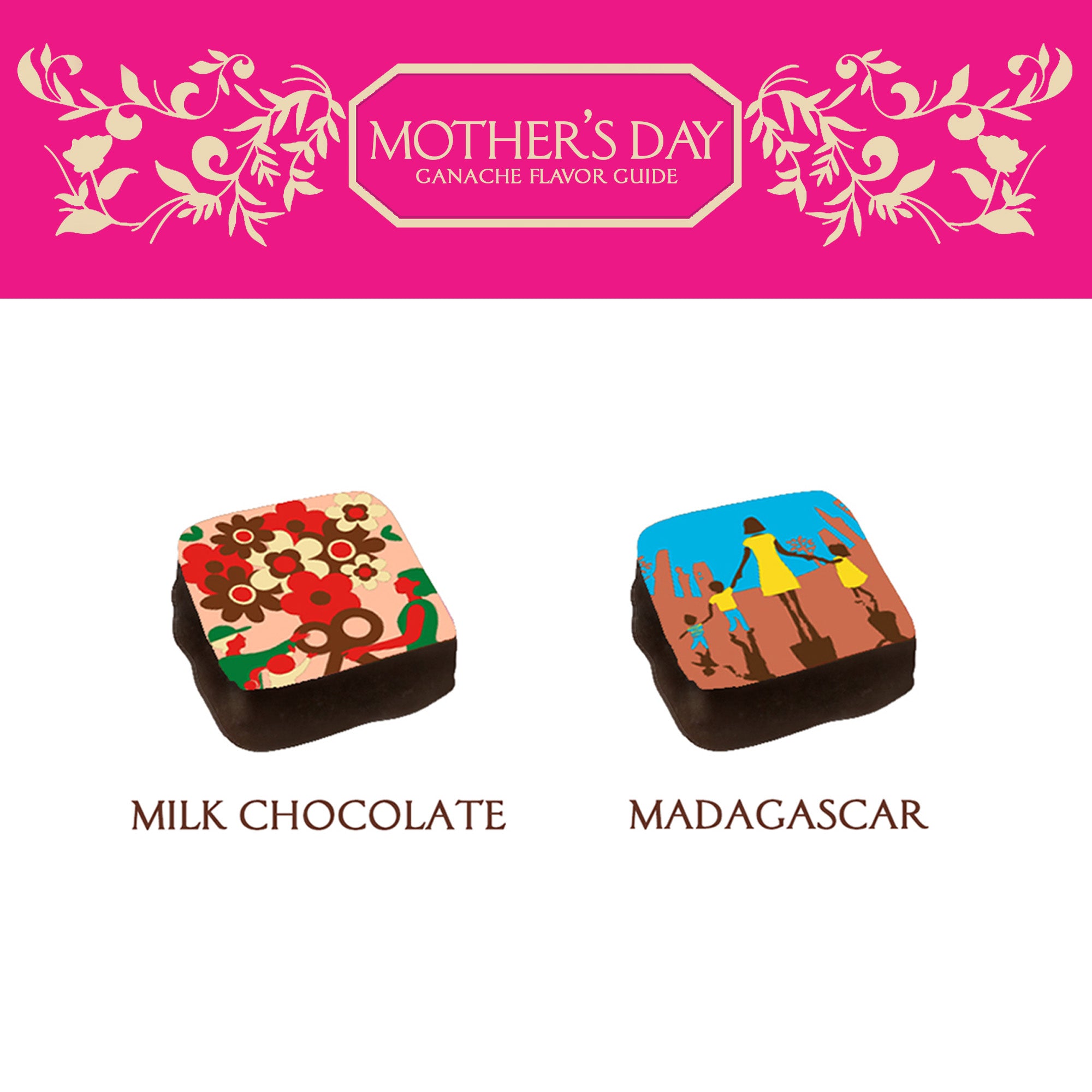 Two chocolate bars with decorative covers on a pink background, labeled 'Milk Chocolate' and 'Madagascar'.