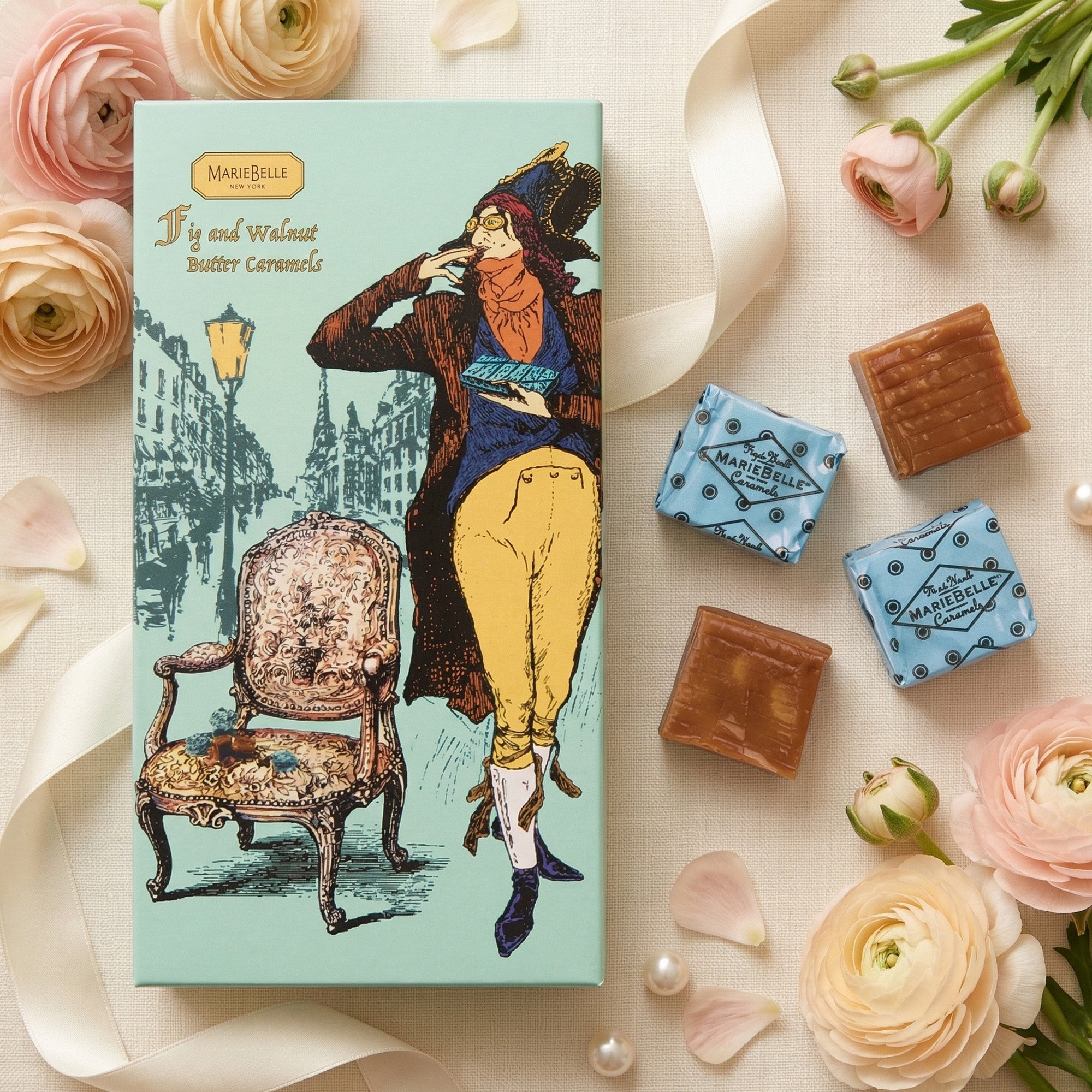 Chocolate box with artistic design of a gentleman and chair, surrounded by flowers and caramels.