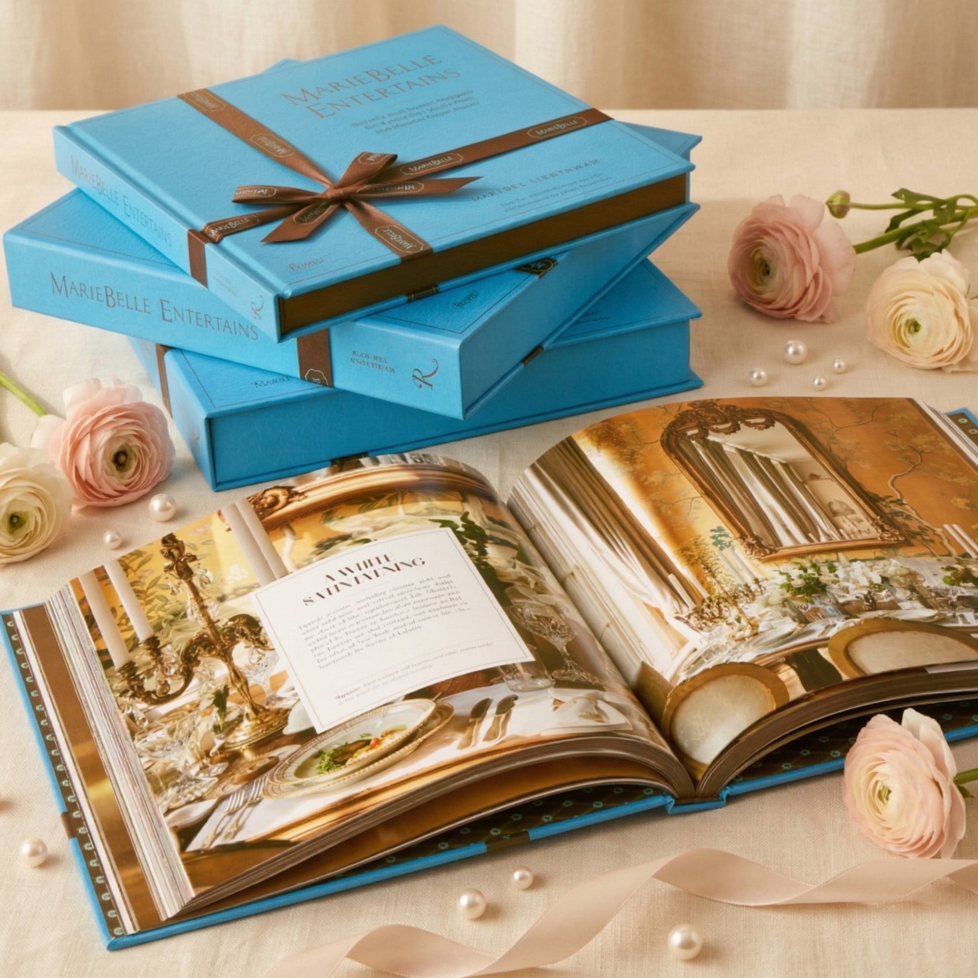 MarieBelle Entertains gourmet Cook Book with a brown ribbon, open book with decorative pages, and pink flowers on a light background