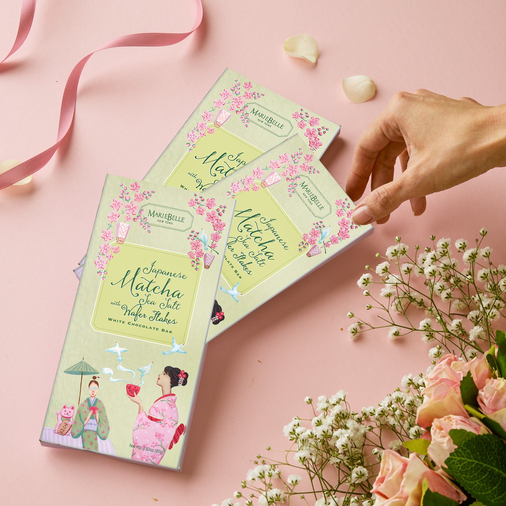 80g MarieBelle • White Chocolate Bar with Japanese Matcha, Sea Salt, & Wafer Flakes for Mother's Day