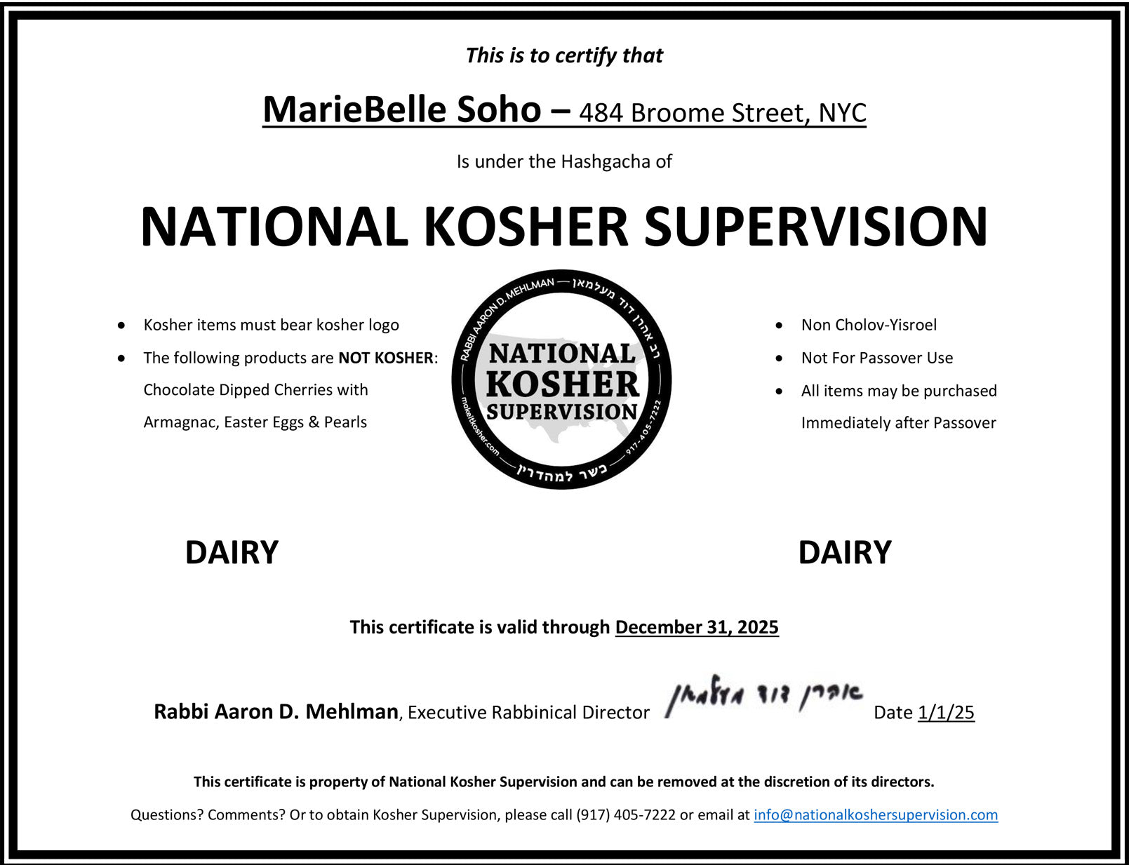 2025 Kosher Certificate for MarieBelle at Broome Street