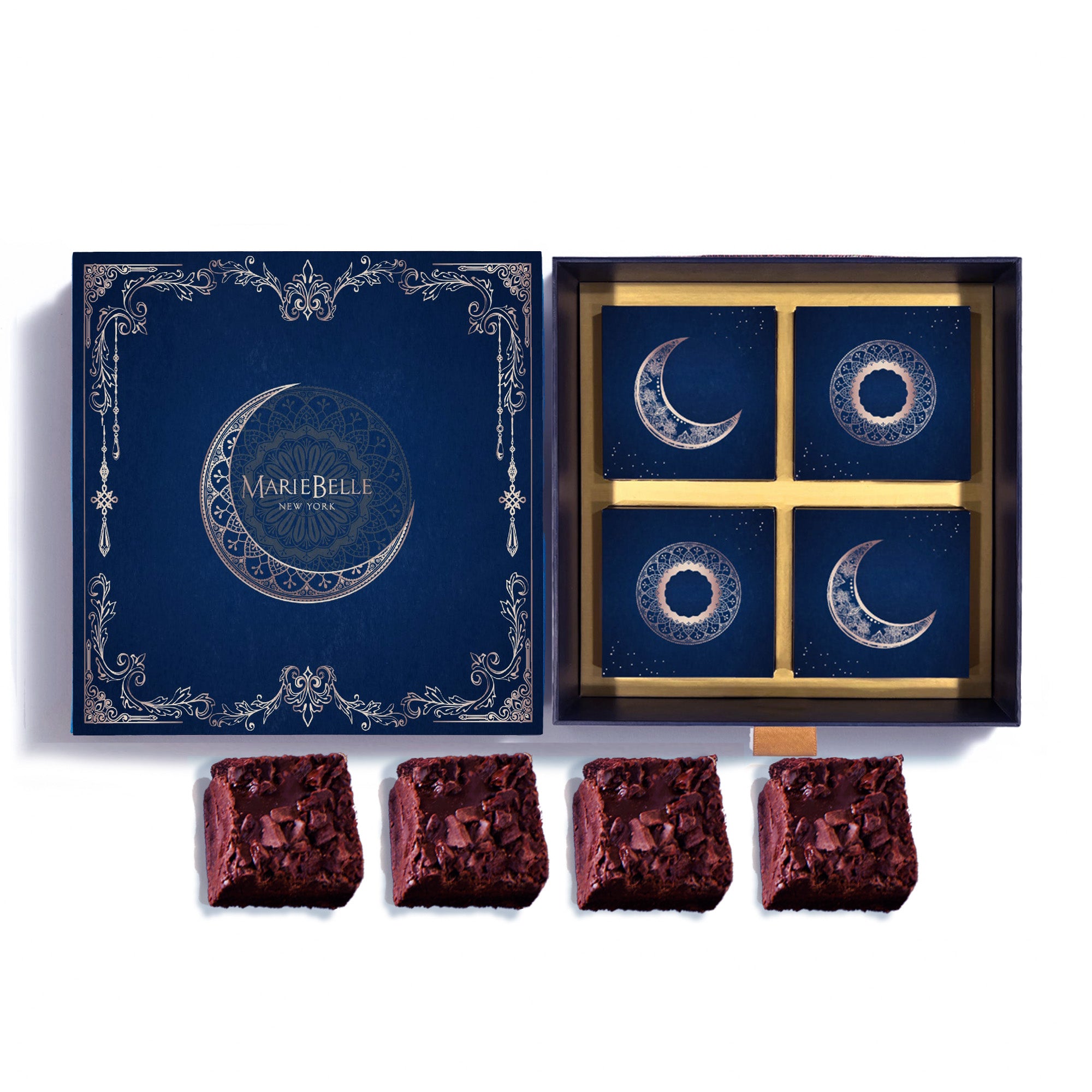 Marie Belle chocolate Brownie set with decorative packaging on a white background