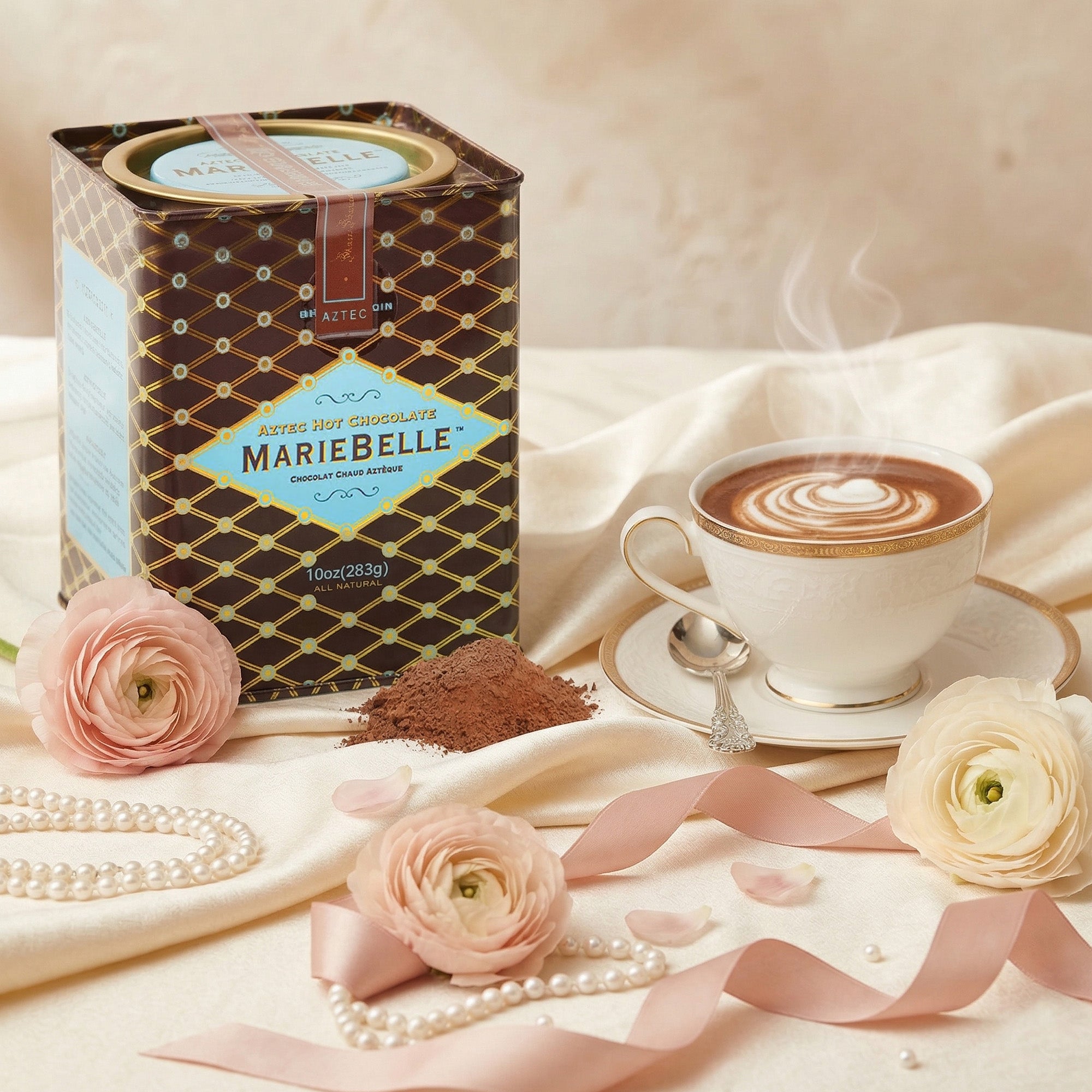 Mariebelle hot chocolate with a cup of hot chocolate, flowers, and pearls on a soft background