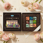 Alcohol-infused chocolate boxes with illustrations on a light background with pink flowers.