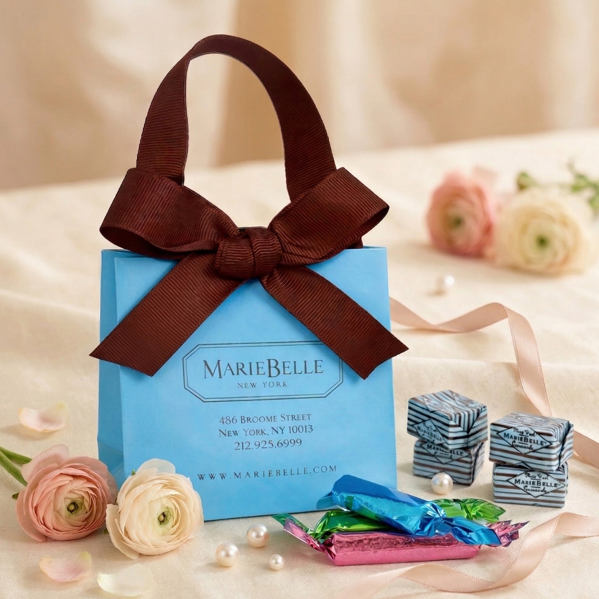 MarieBelle caramels, surrounded by flowers and wrapped candies.